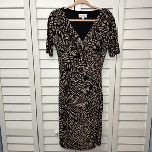 Kasper Animal Print Short Sleeve Pullover V-Neck Faux Wrap Stretch Dress Size 8
